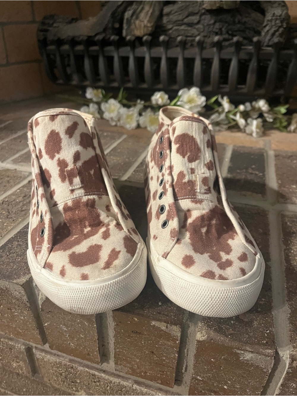 Kids Slip-On Canvas Sneakers in Cream & Brown Cow Print